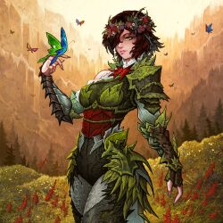  1girl absurdres armor blue_flower breastplate breasts brown_hair bug butterfly butterfly_on_hand commentary commission cowboy_shot day english_commentary fingernails flower flower_wreath forest grass green_eyes green_nails hair_over_one_eye head_wreath highres hip_armor lips looking_at_creature medium_breasts nail_polish nature original outdoors parted_lips pink_flower red_flower short_hair shoulder_armor single_bare_shoulder single_off_shoulder solo soulless_sketch standing white_flower yellow_flower 