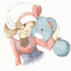  1girl ;d asuka_rkgk blush bow brown_hair eyelashes hand_up happy hat hat_bow long_hair lyra_(pokemon) marill one_eye_closed open_mouth overalls pokemon pokemon_(creature) pokemon_hgss pokemon_on_arm red_bow shirt simple_background smile tongue white_background white_hat 