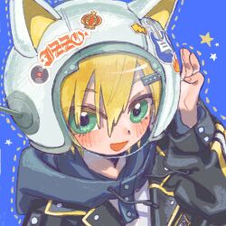  1boy :d animal_ear_helmet animal_ears animal_helmet black_jacket blonde_hair blue_background blue_hood blush cat_ears drawstring fake_animal_ears flame_print from_above green_eyes hair_ornament hair_over_one_eye hairclip hand_on_headwear helmet hood hood_down hoodie jacket lapels lightning_bolt_print long_sleeves looking_at_viewer male_focus nijisanji notched_lapels open_clothes open_jacket portrait short_hair smile solo space_helmet star_(symbol) sticker tanikogaitaniko uzuki_kou uzuki_kou_(5th_costume) virtual_youtuber white_helmet white_hoodie wolf_cut yellow_trim 