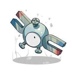  full_body looking_at_viewer magnemite magnet mistray-art no_humans pokemon pokemon_(creature) screw signature simple_background solo white_background 