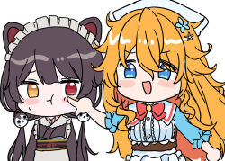  2girls :d :t animal_ears apron black_hair black_kimono blue_eyes blue_flower blush_stickers bow brown_skirt cheek_poking chibi closed_mouth commentary_request dog_ears dog_hair_ornament flower frilled_apron frills hair_between_eyes hair_flower hair_ornament inui_toko inui_toko_(1st_costume) japanese_clothes kimono long_hair low_twintails maid maid_headdress mochimiko multiple_girls nijisanji obi orange_hair otogibara_era_(1st_costume) poking puffy_short_sleeves puffy_sleeves red_bow sash shirt short_sleeves simple_background skirt smile twintails upper_body very_long_hair virtual_youtuber wa_maid wavy_mouth white_apron white_background white_flower white_shirt 
