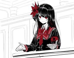  1girl ace_attorney armband black_hair black_shirt closed_mouth courtroom empty_eyes flower fox_(tjwls66) hair_flower hair_ornament long_hair long_sleeves looking_at_viewer mahou_shoujo_no_majo_saiban necktie nikaido_hiro parody red_armband red_eyes red_flower red_necktie shirt smile solo upper_body white_background 