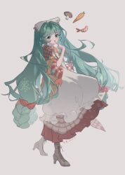  1girl absurdres apron blush boots bow brown_boots carrot commentary_request green_eyes green_hair hair_bow hatsune_miku highres holding holding_spoon japanese_clothes kimono long_hair long_sleeves looking_at_viewer low-tied_long_hair mushroom official_alternate_costume official_alternate_hairstyle open_mouth orange_bow orange_kimono qingyi_april shrimp smile solo spoon twintails very_long_hair vocaloid white_apron white_bow yuki_miku yuki_miku_(2024) 