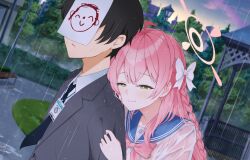  1boy 1girl ahoge black_hair black_necktie blue_archive blue_sailor_collar blurry blurry_background blush bow bowtie braid bright_pupils closed_mouth collared_shirt commentary_request day doodle_sensei_(blue_archive) dress_shirt dutch_angle from_side green_eyes grey_suit hair_bow half-closed_eyes halo hanako_(blue_archive) hetero highres holy-san_(makuu) hug hug_from_behind id_card long_hair necktie outdoors paper_on_head park parted_lips pink_bow pink_bowtie pink_hair pink_halo rain sailor_collar school_uniform sensei_(blue_archive) serafuku shirt short_hair sidelocks single_braid smile split_mouth story_in_commentary suit trinity_general_school_logo tsurime upper_body wet wet_clothes wet_hair wet_shirt white_bow white_pupils white_shirt 