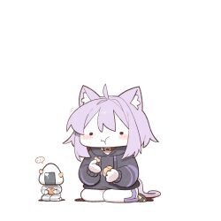  ... ._. 1girl ahoge animal_ear_fluff animal_ears black_eyes black_hoodie blush cat_ears cat_girl cat_tail cocomayo29_(tomato) collar commentary eating food fruit hashtag-only_commentary highres holding holding_food hololive hood hoodie long_sleeves mandarin_orange mascot nekomata_okayu nekomata_okayu_(1st_costume) onigiri onigirya_(nekomata_okayu) prison_clothes puffy_cheeks purple_hair purple_tail seiza short_hair simple_background sitting symbol-only_commentary tail virtual_youtuber white_background 