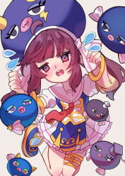  1girl @_@ absurdres ahoge bass_clef blue_hat blunt_bangs blush comedic_sweatdrop cosplay detached_sleeves dress eel_hat embarrassed frilled_dress frills hat hat_ribbon highres irodorikaeru jewelry jumping large_hat medium_hair mortarboard musical_note necktie open_mouth otomachi_una otomachi_una_(cosplay) puffy_short_sleeves puffy_sleeves purple_hair raised_inner_eyebrows red_necktie ribbon sailor_collar shoes short_sleeves sidelocks simple_background socks thighlet touhoku_kiritan twintails upper_body vocaloid voiceroid white_background white_socks 