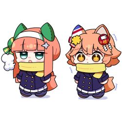  +_+ 2girls animal_ears blue_coat blue_eyes blunt_bangs blush breath buttons chibi chibi_only clover_hair_ornament coat cold daruma_doll daruma_doll_hair_ornament double-breasted ear_covers flipped_hair good_fortune_symbol green_eyes hair_between_eyes hair_ornament hairband highres hime_cut horse_ears horse_girl horse_tail long_hair long_sleeves matikanefukukitaru_(umamusume) multiple_girls open_mouth orange_hair purple_skirt purple_thighhighs scarf school_uniform short_hair silence_suzuka_(umamusume) single_ear_cover skirt star-shaped_pupils star_(symbol) symbol-shaped_pupils tail temu_(kobaeihuk) thigh-highs tracen_school_uniform tracen_winter_coat umamusume white_hairband winter_clothes winter_coat winter_uniform yellow_scarf 