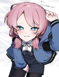  1girl arknights arm_up black_pantyhose black_ribbon blue_eyes blue_jacket blue_poison_(arknights) blurry bright_pupils commentary_request from_above grin hair_tie highres inset jacket long_sleeves looking_at_viewer medium_hair neck_ribbon open_clothes open_jacket pantyhose pink_hair request_inset ribbon smile solo translated white_pupils yunomi_(yunomi1129) 