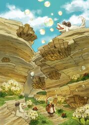  1girl absurdres backpack bag blowing_bubbles blue_hair boots brown_bag brown_boots cliff closed_eyes clouds commentary_request creature day dirt_road fantasy flower hat highres holding holding_pillow horn_(instrument) jacket koki08186863 long_sleeves medium_hair nightcap original outdoors pillow red_hat red_jacket road solo walking wide_shot 