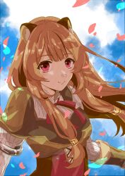  1girl absurdres animal_ear_fluff animal_ears armor armored_gloves black_dress blue_sky blunt_bangs breastplate breasts brown_armor brown_gloves brown_hair closed_mouth clouds cloudy_sky commentary day dress elbow_gloves floating_hair gloves highres layered_dress leather_armor long_hair looking_at_viewer medium_breasts metal_arm_cuffs metal_hair_tubes outdoors pauldrons pink_eyes pinstripe_dress pinstripe_pattern raccoon_ears raccoon_girl raphtalia red_dress shoulder_armor single_pauldron sky smile solo tate_no_yuusha_no_nariagari two-tone_dress upper_body user_jntp2743 white_dress 