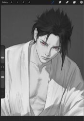  1boy alternate_hairstyle art_program_in_frame black_hair greyscale head_tilt highres lips long_hair looking_at_viewer male_focus mdun1028 monochrome naruto_(series) naruto_shippuuden pectoral_cleavage pectorals sanpaku serious solo tsurime uchiha_sasuke unfinished 