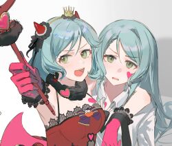  2girls alternate_costume bang_dream! breasts commentary crown dress duany fake_wings gloves green_eyes green_hair highres hikawa_hina hikawa_sayo holding holding_wand long_hair medium_breasts multiple_girls official_alternate_costume open_mouth red_dress red_gloves shirt siblings simple_background sisters symbol-only_commentary teeth upper_body upper_teeth_only wand white_shirt wings 
