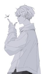  1boy animal bug cowboy_shot dragonfly from_side greyscale hand_up highres long_sleeves male_focus monochrome mooshiki original parted_lips profile shirt short_hair simple_background solo white_background 