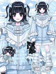  1girl :3 aegyo_sal black_eyes black_hair blue_jacket blue_shorts blunt_bangs chibi chibi_inset closed_mouth commentary fishnet_pantyhose fishnets hair_between_eyes hair_ornament highres holding holding_stuffed_toy hood hooded_jacket jacket leg_warmers long_sleeves min_(mts2314) multicolored_hair multiple_views original pantyhose pigeon-toed shoes short_hair shorts smile straight-on streaked_hair striped_leg_warmers stuffed_animal stuffed_cat stuffed_toy tenshi_kaiwai two_side_up white_shoes x_hair_ornament 