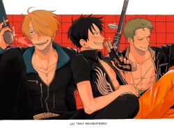  3boys allout arm_up belt black_hair black_pants blonde_hair cigarette closed_mouth collared_jacket curly_eyebrows earrings french_text green_hair grin gun hair_over_one_eye hand_on_another&#039;s_knee handgun haramaki highres holding holding_gun holding_weapon jacket jewelry leather leather_jacket letterboxed looking_to_the_side male_focus medium_sideburns monkey_d._luffy multiple_boys multiple_earrings one_eye_closed one_eye_covered one_piece open_clothes open_jacket orange_pants pants partially_unzipped piercing roronoa_zoro sanji_(one_piece) sanpaku scar scar_on_chest short_hair smile smoke smoke_trail smoking teeth translation_request two-sided_fabric two-sided_jacket unzipped weapon zipper 