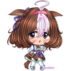 1girl ahoge animal_ears blush breasts brown_hair chibi commentary commission dress ear_ribbon full_body gloves hair_between_eyes hair_intakes hairband hand_on_own_chest highres horse_ears horse_girl horse_tail long_sleeves meisho_doto_(turbulent_blue)_(umamusume) meisho_doto_(umamusume) multicolored_hair open_mouth pantyhose pinafore_dress pink_hairband purple_dress purple_ribbon raised_inner_eyebrows ribbon ryukishi07_(style) seacatscrying shirt shoes short_hair simple_background sleeveless sleeveless_dress solo sweatdrop tail two-tone_hair umamusume violet_eyes white_background white_gloves white_hair white_pantyhose white_shirt white_shoes 