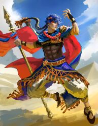  1boy blue_eyes closed_mouth commentary day desert english_commentary fire_emblem fire_emblem:_path_of_radiance fire_emblem_heroes highres holding holding_polearm holding_weapon ike_(fire_emblem) ike_(jehanna)_(fire_emblem) lips male_focus official_alternate_costume outdoors polearm short_hair sky solo weapon yanmanxplore 