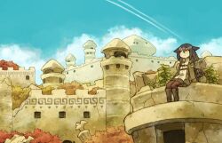  1girl backpack bag bedroll black_boots black_hair boots brown_pants castle clouds commentary contrail day full_body glasses grey_jacket hair_between_eyes highres jacket knee_boots koki08186863 long_hair long_sleeves original outdoors pants plant sitting smile solo wide_shot 