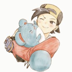  1boy asuka_rkgk backwards_hat baseball_cap black_hair blush ethan_(pokemon) grey_eyes hat holding holding_pokemon jacket long_sleeves male_focus marill one_eye_closed pokegear pokemon pokemon_(creature) pokemon_hgss red_jacket short_hair simple_background teeth white_background 