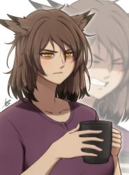  1girl absurdres airisubaka artist_name bags_under_eyes bare_arms black_hair brown_hair clenched_teeth closed_eyes collarbone colored_tips commentary cup different_zoom_layer english_commentary frown highres holding holding_cup medium_hair messy_hair mug multicolored_hair original owl_ears purple_shirt shirt signature solo steam teeth upper_body wince yellow_eyes zoom_layer 