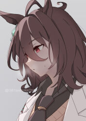  1girl agnes_tachyon_(umamusume) ahoge animal_ears black_necktie brown_hair chemical_structure coat ear_ornament expressionless grey_background hair_between_eyes horse_ears horse_girl huge_ahoge lab_coat medium_hair necktie parted_lips red_eyes short_necktie simple_background solo star-shaped_eyewear star_(symbol) sweat sweater twitter_username umamusume white_coat yellow_sweater yukidaruma1114 