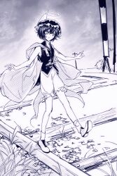  1other absurdres androgynous ankle_socks bare_arms bare_legs bare_shoulders boots buttons chinese_commentary clouds cloudy_sky coattails collared_shirt commentary_request detached_hood english_commentary frilled_headwear frilled_shorts frills full_body grass greyscale hair_between_eyes halo hat high_collar highres hood hood_down hooded_jacket jacket jacket_on_shoulders knees len&#039;en looking_ahead mixed-language_commentary mob_cap monochrome nervous open_mouth other_focus outdoors outstretched_arms pebble puffy_shorts railroad_crossing railroad_tracks shirt shitodo_kuroji short_hair shorts sky sleeveless sleeveless_shirt socks solo sweatdrop traditional_halo triangular_headpiece walking wide-eyed yancao_(pixiv_103434280) zipper 