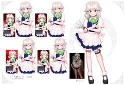  1girl :o absurdres apron black_shoes blue_dress blush bow bowtie braid commentary_request dress embodiment_of_scarlet_devil frills full_body green_bow green_bowtie hair_between_eyes hair_ribbon highres holding holding_knife izayoi_sakuya knife maid maid_apron maid_headdress medium_hair messy_hair miraclevoltage multiple_knives official_art_inset red_eyes reference_inset ribbon shirt shoes short_sleeves smile socks thigh_strap torn_clothes touhou twin_braids wavy_mouth white_hair white_shirt white_socks zun_(artist) 