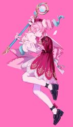  1girl beret closed_eyes crown cuddling dress drill_hair hat highres holding holding_staff honkai:_star_rail honkai_(series) hyacine_(honkai:_star_rail) little_ica_(honkai:_star_rail) mini_crown pantyhose pink_background pink_hair red_dress sig_494900 smile staff twin_drills white_pantyhose 