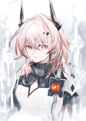  1girl absurdres arknights black_dress brown_horns closed_mouth commentary dress english_commentary hair_between_eyes highres horns long_hair looking_at_viewer pink_eyes pink_hair raised_eyebrow solo sudadachi theresa_(arknights) turtleneck turtleneck_dress upper_body white_dress 