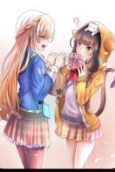  2girls ? black_hair blonde_hair blue_jacket blush bow braid breasts candy chocolate food hair_ribbon half_up_braid heart heart-shaped_chocolate heart-shaped_food heaven_burns_red highres hood hood_up hooded_jacket jacket long_hair long_sleeves mimi_heven multiple_girls red_bow ribbon scared tail toujou_tsukasa white_background white_ribbon yellow_eyes yuri 