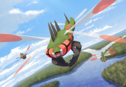  bug closed_mouth clouds cloudy_sky commentary_request dragonfly dragonfly_wings ewokakukaede fangs flying full_body highres looking_ahead no_humans outdoors pokemon pokemon_(creature) pokemon_focus red_eyes river sky spines wings yanmega 