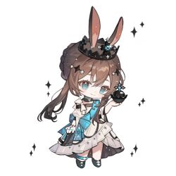 1girl amiya_(ambience_synesthesia_2022)_(arknights) amiya_(arknights) animal_ear_fluff animal_ears argyle_clothes argyle_footwear arknights ball black_boots black_collar black_crown blue_eyes blue_sash boots bow braid braided_bun brown_hair chibi chinese_commentary closed_mouth collar commentary_request cross cross_print crown detached_collar dress eyelashes four-pointed_star frilled_dress frills glint gloves hair_between_eyes hair_bun hair_ornament hairclip hexagram holding holding_ball juliet_sleeves light_blush light_particles long_dress long_sidelocks long_sleeves off-shoulder_dress off_shoulder print_dress puffy_sleeves rabbit_ears rabbit_girl sash short_hair_with_long_locks shoulder_bow sidelocks simple_background single_ankle_cuff single_glove single_hair_bun smile solo sparkle standing star_(symbol) star_hair_ornament updo waist_sash white_background white_bow white_dress white_gloves wide_sleeves yanshuangjun 