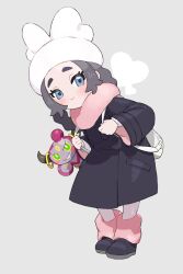  1girl :&gt; ansha_(pokemon) backpack bag beret black_coat black_shoes blue_eyes braid braided_hair_rings closed_mouth coat commentary_request full_body grey_background grey_hair hair_rings hat highres holding_strap hoopa hoopa_(confined) leg_warmers long_hair long_sleeves looking_at_viewer moudoku_(decopon3rd) pantyhose parted_bangs pink_leg_warmers pink_scarf pokemon pokemon_(creature) pokemon_legends:_z-a scarf shoes smile standing white_bag white_hat white_pantyhose wide_sleeves 