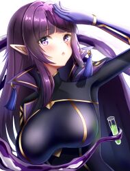  1girl blush breasts elf eta_(kagejitsu) highres kage_no_jitsuryokusha_ni_naritakute! kage_no_jitsuryokusha_ni_naritakute!_master_of_garden large_breasts long_hair looking_at_viewer nagisilon open_mouth pointy_ears purple_hair simple_background solo test_tube tube violet_eyes white_background 
