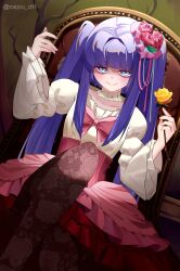  1girl brown_pantyhose cappu_ch1 closed_mouth commentary dress english_commentary floral_print_pantyhose flower frilled_dress frills furudo_erika hair_flower hair_ornament highres long_hair long_sleeves looking_at_viewer pantyhose purple_hair sidelocks sitting smile solo twintails twitter_username umineko_no_naku_koro_ni violet_eyes 