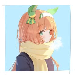  1girl aqua_background blue_jacket border breath commentary cosplay ear_covers ear_ornament from_side green_eyes hairband highres jacket katuko_deluxe looking_at_viewer orange_hair scarf silence_suzuka_(umamusume) solo symbol-only_commentary umamusume upper_body white_border white_hairband yellow_scarf 