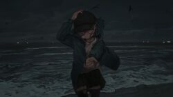  1girl absurdres baseball_cap bird black_hat black_skirt black_thighhighs blue_eyes blue_hair blue_jacket clouds cloudy_sky commentary_request commission dark glasses hair_between_eyes hair_over_one_eye hand_on_headwear hat highres hood hood_down hooded_jacket jacket kuro4221 long_sleeves looking_at_viewer night ocean open_clothes open_jacket original outdoors outstretched_hand pleated_skirt reaching reaching_towards_viewer red-framed_eyewear shirt skeb_commission skirt sky solo thigh-highs torn_clothes torn_thighhighs water white_shirt wind 