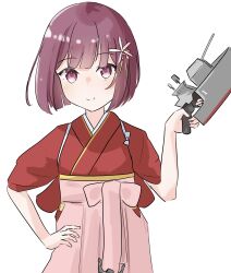  1girl absurdres adapted_turret alternate_hair_length alternate_hairstyle bob_cut commentary_request cowboy_shot gun hakama hakama_skirt hand_on_own_hip highres japanese_clothes kamikaze_(kancolle) kantai_collection kashiwa_no_udon kimono long_hair looking_at_viewer meiji_schoolgirl_uniform pink_hakama purple_hair red_kimono short_hair simple_background skirt smile solo tasuki translation_request violet_eyes weapon white_background 