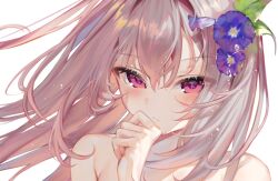  1girl aimi_(mimi_nii2) armpit_crease blush bubble closed_mouth double-parted_bangs eyes_visible_through_hair flower hair_between_eyes hair_flower hair_ornament hand_on_own_chin hand_up highres leaf light_particles long_hair nude original pink_eyes pink_hair portrait purple_flower simple_background solo straight_hair tsurime white_background wind 