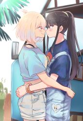  4girls absurdres black_hair blonde_hair blue_overalls blue_shirt blush bracelet chai_haru closed_mouth commentary_request couple cropped_shirt day eye_contact highres hug inoue_takina jewelry kurumi_(lycoris_recoil) looking_at_another lycoris_recoil multiple_girls nakahara_mizuki nishikigi_chisato one_side_up outdoors overalls red_eyes shirt short_hair short_sleeves shorts sidelocks smile sunlight violet_eyes white_shorts yuri 