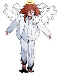  1boy angel angel_devil_(chainsaw_man) angel_wings barefoot black_liquid brown_hair chainsaw_man closed_eyes constantine_(series) feathered_wings halo jacket kkangmuu lucifer_(constantine) pants scene_reference shirt simple_background solo stained_clothes suit_jacket traditional_halo white_background white_jacket white_pants white_shirt white_wings wings 
