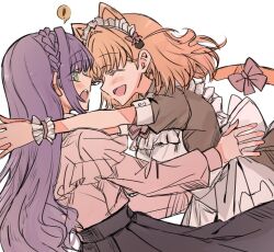  2girls apron arms_around_neck black_skirt bow bowtie braid brown_dress cat_hair_ornament chinese_commentary commentary_request crown_braid dress frilled_apron frills green_eyes hair_bow hair_intakes hair_ornament highres hinoshita_kaho imminent_hug junjun_(kimi-la) link!_like!_love_live! long_hair long_skirt love_live! maid maid_apron maid_headdress medium_hair mixed-language_commentary multiple_girls nyan_nyan_nyan_fair_in_gamers official_alternate_costume open_mouth orange_hair otomune_kozue otomune_kozue_(post-graduation) pink_bow pink_bowtie pink_shirt pleated_skirt puffy_short_sleeves puffy_sleeves purple_hair shirt short_sleeves sidelocks skirt tail tail_bow tail_ornament two_side_up virtual_youtuber white_apron 