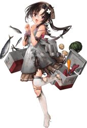 1girl apron artist_request bad_link bandana black_hair brown_bandana brown_skirt burnt_clothes camisole carrot collared_shirt cooler crossed_bandaids dirty dirty_face fish food full_body grey_apron kantai_collection long_hair looking_at_another machinery nankai_(kancolle) pink_camisole pink_shirt pleated_skirt potato red_eyes shirt side_ponytail skirt smile solo standing standing_on_one_leg strap_slip sweet_potato thigh-highs transparent_background white_thighhighs 