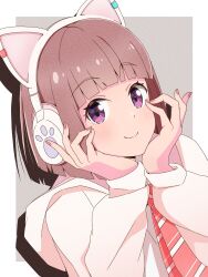  1girl animal_ear_headphones animal_ears blunt_bangs blunt_ends bob_cut border brown_hair cat_ear_headphones cat_ears closed_mouth commentary_request diagonal-striped_clothes diagonal-striped_necktie drop_shadow fake_animal_ears grey_background headphones highres hood hooded_jacket ikizulive!_love_live!_bluebird jacket litecolors_radi long_sleeves looking_at_viewer love_live! making-of_available necktie open_clothes open_jacket outside_border red_necktie sasaki_shion school_uniform shirt short_hair simple_background smile solo split_mouth striped_clothes upper_body violet_eyes white_border white_jacket white_shirt 