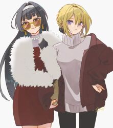  2girls alternate_costume artist_name astra_yao black_gloves black_hair black_pants blonde_hair closed_mouth coat commentary_request cowboy_shot dress earrings evelyn_chevalier fur_sleeves gloves grey_background hair_between_eyes hairband highres jewelry long_hair looking_at_viewer mole mole_under_eye multiple_girls necklace pants pearl_necklace purple_sweater red-tinted_eyewear red_coat red_dress red_eyes smile sun_(knp_ta1y0) sunglasses sweater tinted_eyewear uneven_bangs violet_eyes white_hairband white_sleeves yellow-framed_eyewear yuri zenless_zone_zero 