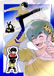  2boys bandana black_hair commentary fangs hibiki_ryouga highres male_focus multiple_boys open_mouth pig piglet poppoco_nn ranma_1/2 saotome_ranma smile symbol-only_commentary yellow_bandana 