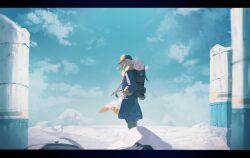  1boy 1girl absurdres akari_(pokemon) backpack bag black_hair blonde_hair blue_sky boots broken_pillar ccf2q closed_eyes clouds day faceless faceless_male ginkgo_guild_uniform headscarf highres jumpsuit letterboxed long_sleeves male_focus mountain outdoors pillar pokemon pokemon_legends:_arceus sky solo_focus spear_pillar standing volo_(pokemon) white_headscarf 