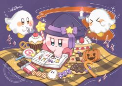  &gt;_&lt; airi_chiffon black_hat blue_eyes blush_stickers book bow candle candy chocolate chocolate_bar closed_mouth commentary_request cupcake doughnut food ghost halloween hat hat_bow holding holding_wand invincible_candy jack-o&#039;-lantern jitome kirby kirby_(series) no_humans open_book pretzel purple_background purple_bow signature sitting sparkle waddle_dee wand watermark witch_hat wrapped_candy 