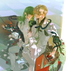  1boy 1other absurdres blonde_hair couch cup drinking_glass earrings enkidu_(celebratory_attire)_(fate) enkidu_(fate) fate/grand_order fate_(series) feet_out_of_frame genren_jiu_qu gilgamesh_(fate) gloves green_eyes green_hair highres holding holding_cup holding_hands jewelry long_hair long_sleeves necklace on_couch other_with_male pants red_eyes shirt short_hair sitting sitting_on_lap sitting_on_person smile snake snake_wrapped_around_arm snake_wrapped_around_neck very_long_hair vest wine_glass 