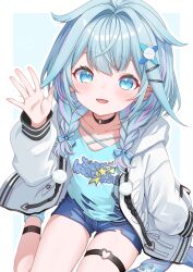  1girl :d absurdres ahoge asymmetrical_legwear black_choker blue_eyes blue_hair blue_shirt blue_shorts blue_socks blunt_bangs braid choker commentary_request hair_flaps hand_up heart heart_o-ring highres hololive hololive_dev_is hood hooded_jacket jacket knees_out_of_frame lightning_ahoge long_hair looking_at_viewer loose_socks low_twin_braids mizumiya_su multicolored_hair o-ring o-ring_choker o-ring_thigh_strap open_clothes open_jacket open_mouth pink_hair shirt short_shorts shorts simple_background sitting smile socks solo streaked_hair thigh_strap toketa-sekai torn_clothes torn_shirt twin_braids uneven_legwear virtual_youtuber wariza waving white_background white_jacket 